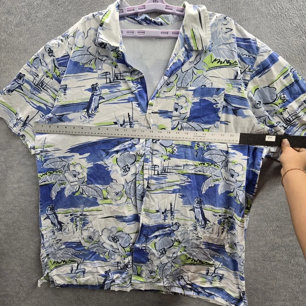 Columbia Men Button Up Shirt 2XT/2TL Blue Floral PFG Short Sleeve Fishing Hiking